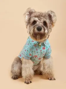 Cute pet polo shirt detail featuring adorable owl and plant print, perfect for small dogs.