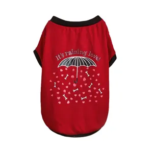 Cute red dog t-shirt with heart umbrella print, soft pet clothes for small dogs and puppies.