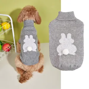 Knitted pet sweater for dogs cats, turtleneck design with cute bunny pattern pom-pom tail.