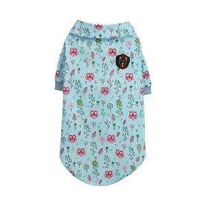 Cute blue pet shirt detail featuring pink owl and flower print with classic lapel design.