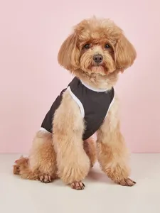 Close-up detail of the black and white trim pet vest showing neat stitching and soft fabric.