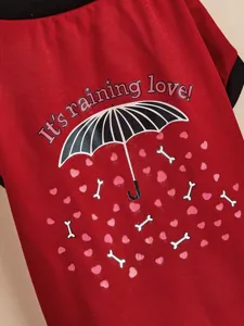 Red pet t-shirt detail with cute umbrella heart bone print for small dogs clothing.