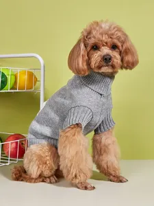 Grey knitted pet turtleneck sweater detail shot, cozy autumn winter dog apparel cozy knitwear