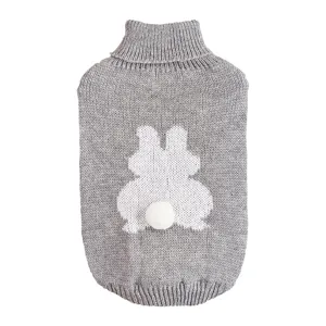 Cozy grey knitted pet sweater with cute white rabbit pattern and pom-pom tail for cats and dogs.