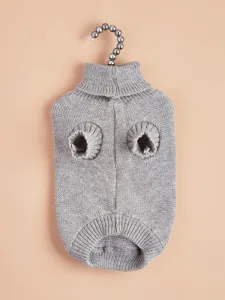 Grey knitted pet sweater detail, high collar design, cozy winter apparel for cats and dogs.