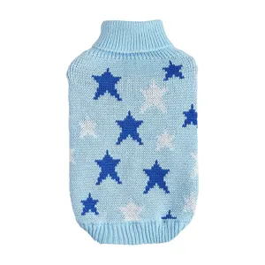 Delizioso maglione lavorato a maglia blu per animali con stelle e colletto alto per piccoli cani.