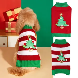 Christmas dog sweater with cute tree pom-pom decor, festive red and white striped knit pet apparel.