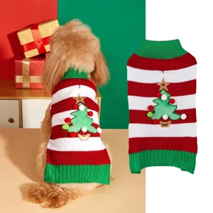 Festive pet knit sweater with red white stripes, cute Christmas tree and pom-pom decor.