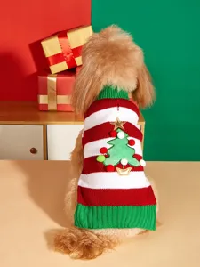 Detailed close-up of festive pet Christmas sweater with red and white stripes and tree pattern.
