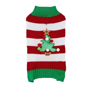 Christmas tree pet sweater detail shot, red white striped knit dog apparel with pom-poms.