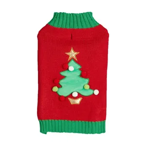 Festive red green knit pet sweater with Christmas tree and pom poms for dogs and cats main view