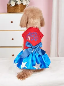 Detailansicht des patriotischen Haustierkleids mit rotem Oberteil und blauem Sternenrock.