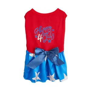 Rot-blaues Haustierkleid mit Schleife und Sternenmuster, ideal für Sommerhundekleidung.