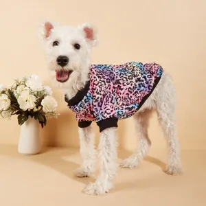 Colorful gradient leopard print pet fleece sweatshirt detail, cozy dog clothing pullover.