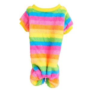 Colorful striped pet fleece jumpsuit, soft warm four-legged dog clothes for small dogs.