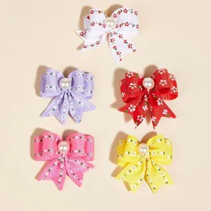 Mignons Noeuds pour Animaux Ruban Floral Perle Pinces à Cheveux Accessoires de Toilettage pour Chien Ornements de Cheveux