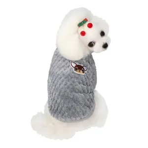 Close-up detail of warm fleece pet dog sweater in solid gray with cute cartoon puppy patch.