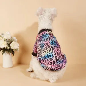 Colorful gradient leopard print pet hoodie for dogs, cozy fleece pullover with black rib knit.