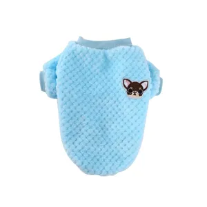 Warm fleece dog sweater in solid light blue with cute puppy patch and cozy turtleneck design.