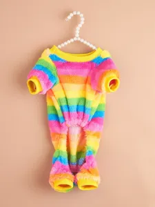 Colorful rainbow striped pet fleece jumpsuit detail, soft warm four-legged winter pet clothes.