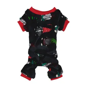 Closeup view of soft fleece pet jumpsuit with cute gnome print and vibrant red contrast trim.