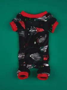 Cozy fleece pet dog jumpsuit with cute Christmas gnome print and red ribbed cuffs for winter.