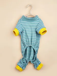 Detail view of a blue and white striped pet onesie featuring a cozy turtleneck and yellow cuffs.