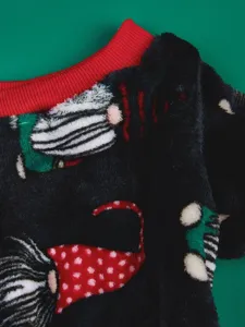 Detailed view of plush pet winter onesie, cozy black coral fleece with festive holiday gnomes.
