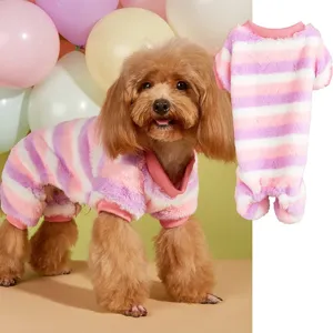 Fluffy striped four-legged pet clothes for small dogs, winter warmth and cute wear.