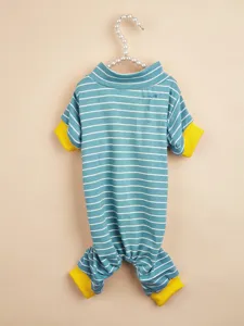 Cute cotton striped dog jumpsuit with high neck and yellow cuffs for small pets autumn sleepwear