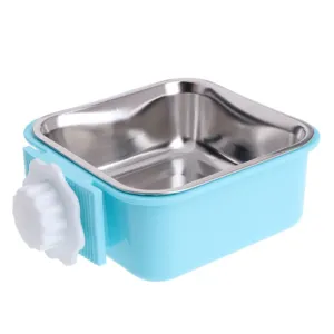 Stainless steel pet hanging bowl with anti-overturning fixed cage buckle design for dogs cats.