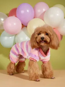 Detailed shot of soft and warm colorful striped pet fleece onesie for small dogs in winter