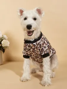 Detailed view of the colorful leopard pet fleece sweatshirt with black ribbed collar details.
