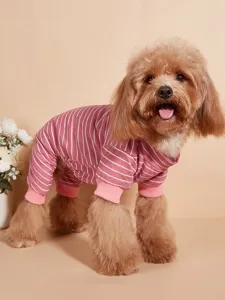Detailed view of cute striped dog onesie pajamas, soft cotton fabric, cozy pet clothing shot.