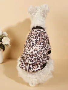 Classic leopard print fleece dog hoodie, casual crew neck pet apparel for small dogs detail view