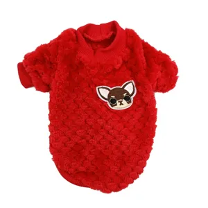 Detailed view of the red flannel pet sweater featuring a cute puppy patch and warm turtleneck.
