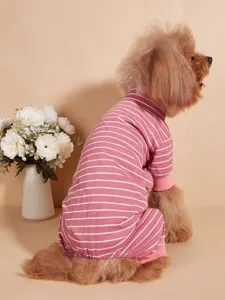 Cute striped dog jumpsuit detail, pink and white pet loungewear, cozy cotton four-leg sleepwear.