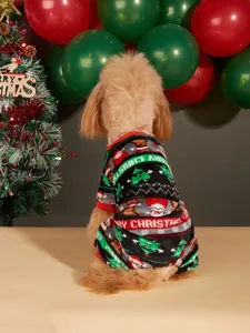 Christmas fleece pet dog onesie with cute Santa elk print, warm four-leg winter apparel.