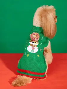 Christmas dog cat knit sweater, cute snowman pom-pom design, red and green winter pet apparel.