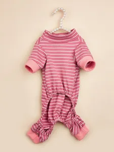 Detail shot of pink striped pet onesie, four-legged dog clothes, soft cotton fabric, turtleneck.