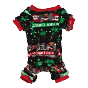 Warm pet Christmas fleece jumpsuit detail view, featuring cozy holiday print for small dogs.