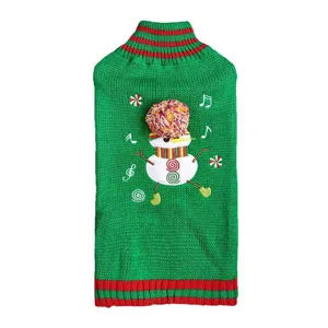 Detailed close-up of the Christmas pet knitted sweater featuring a cute snowman embroidery and pom-pom.