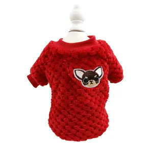Red warm flannel pet dog clothes detail showing turtleneck design and cute puppy patch.