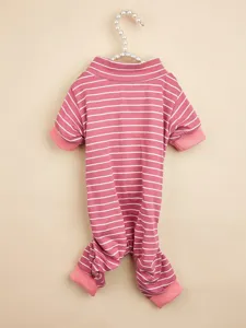 Close-up detail of the cozy pink and white striped pet jumpsuit with comfortable ribbed cuffs.