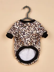 Pet fleece hoodie detail, classic leopard print pattern, cozy crewneck and warm lining.