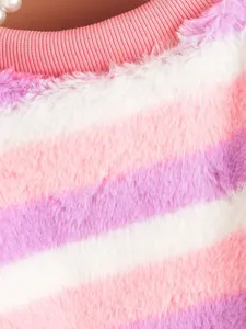Close-up view of soft colorful striped pet plush clothing detail featuring fluffy texture and knit collar.