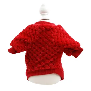 Red plush pet sweater, warm winter dog clothes with high neck design, cozy puppy apparel.