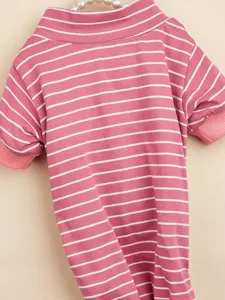 Cute pink striped dog bodysuit, high neck cotton four-leg pet pajamas for small dogs.