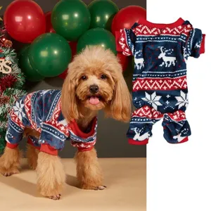 Cozy fleece pet dog jumpsuit with cute reindeer and snowflake Christmas patterns for small dogs.