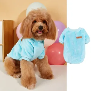 Cute blue plush dog sweater warm winter pet fleece apparel with classic leather patch comfy.
